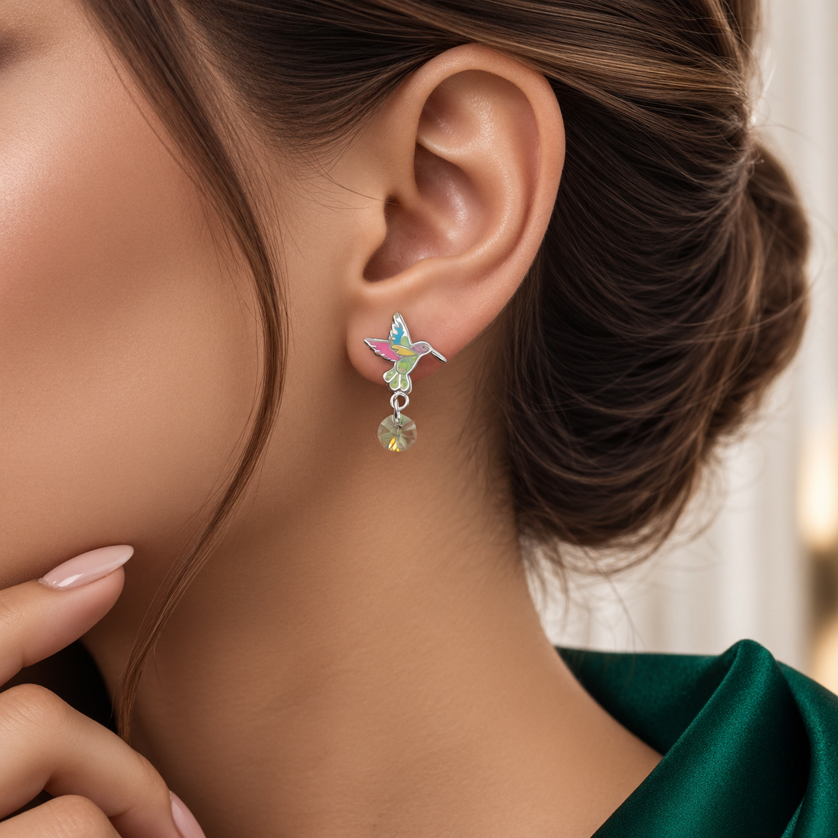Arete Colibri Verde Plata Ley 925