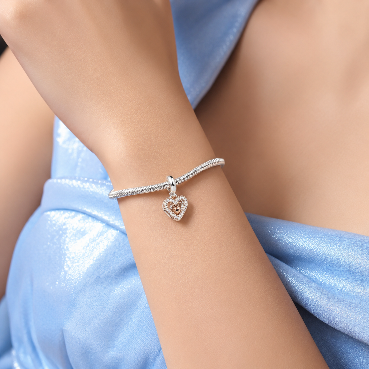 Charm 2 Corazones Zirconia Plata Ley 925