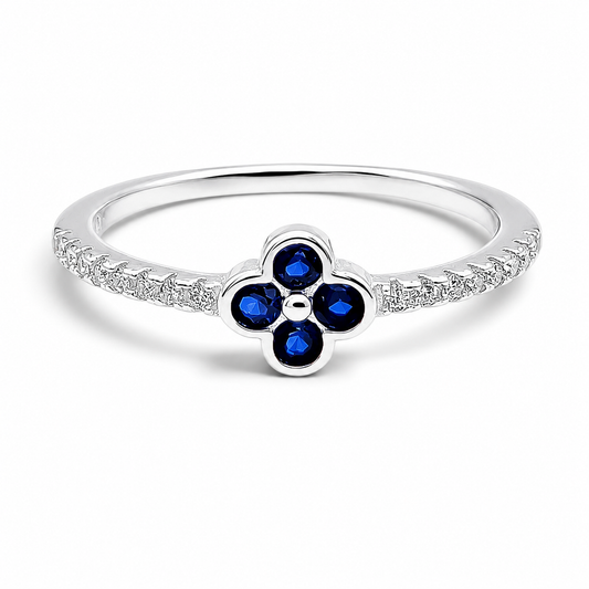 Anillo Flor Zirconia Azul Plata Ley 925
