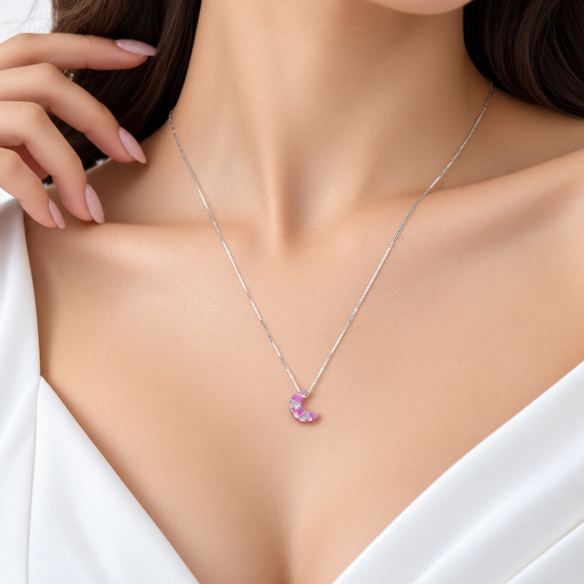 Collar Luna Rosa Chica Plata Ley 925