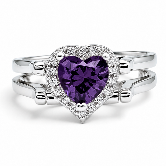 Anillo Doble Vista Corazon Morado Plata Ley 925