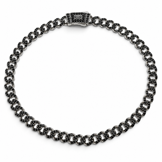 Pulso Cubano Mona Negro con Blanco 4mm Plata Ley 925