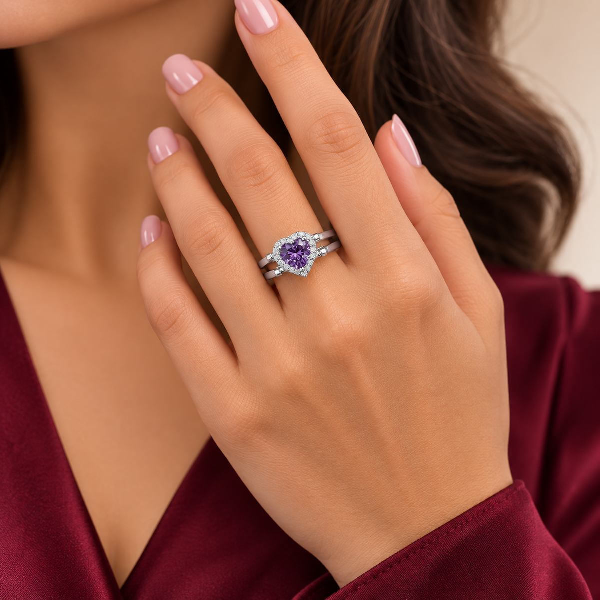 Anillo Doble Vista Corazon Morado y Zultanita Plata Ley 925