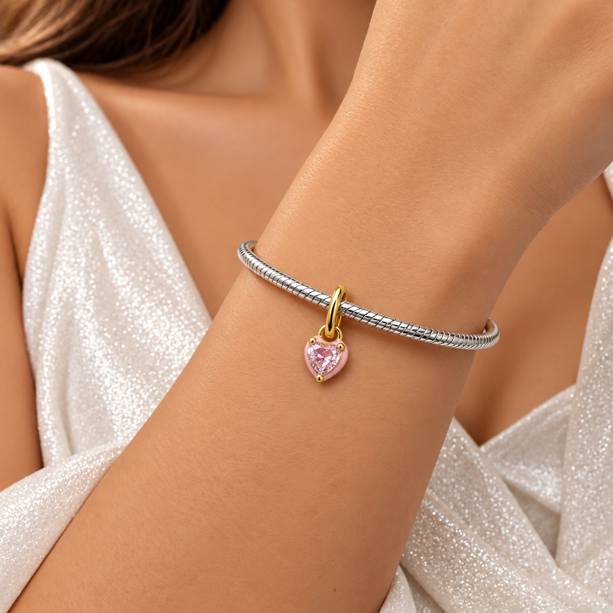 Charm Corazon Rosa Dorado Plata Ley 925