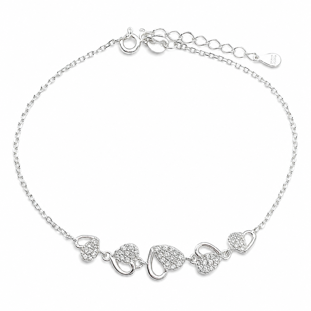 Pulsera Corazones Blanco Plata Ley 925