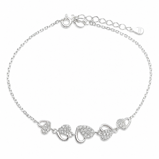 Pulsera Corazones Blanco Plata Ley 925