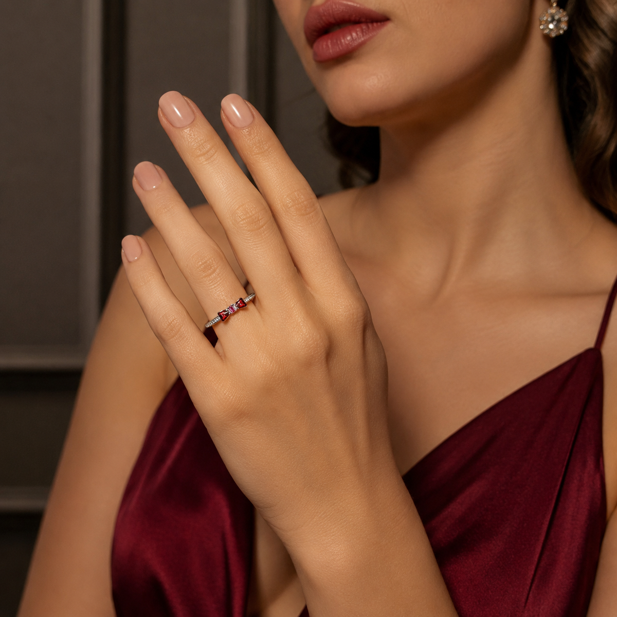 Anillo Moño Rojo BN Pan Plata Ley 925