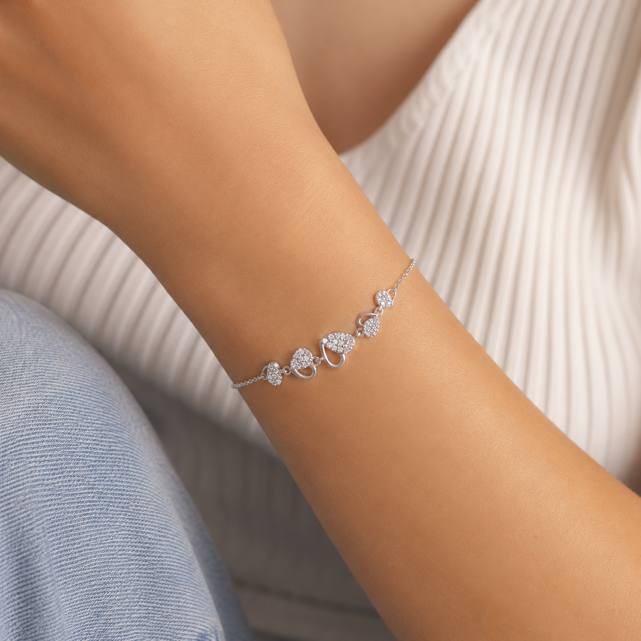 Pulsera Corazones Blanco Plata Ley 925