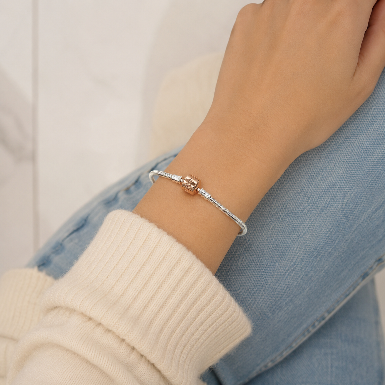 Pulsera Barril Rosa Pan 3mm Plata Ley 925