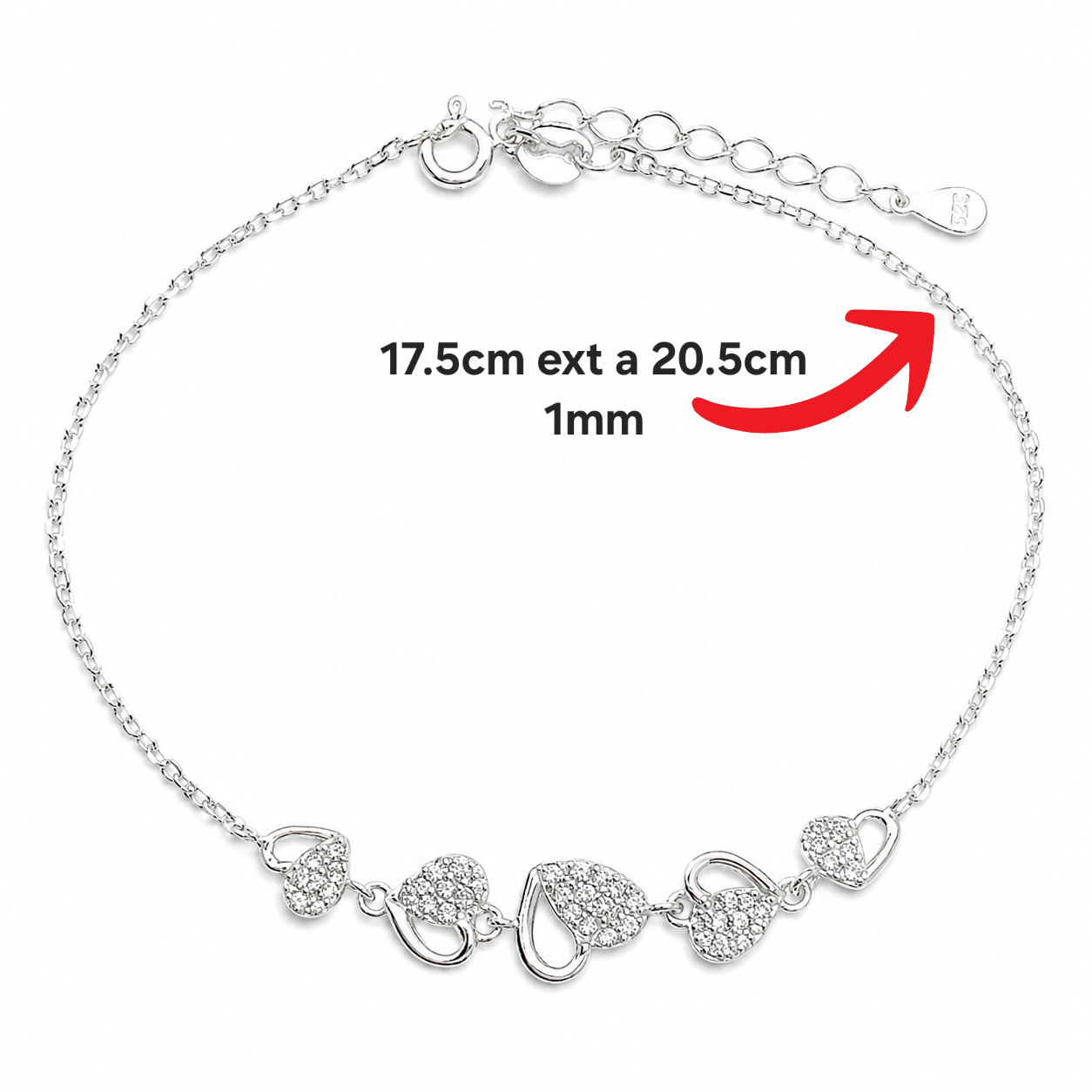 Pulsera Corazones Blanco Plata Ley 925