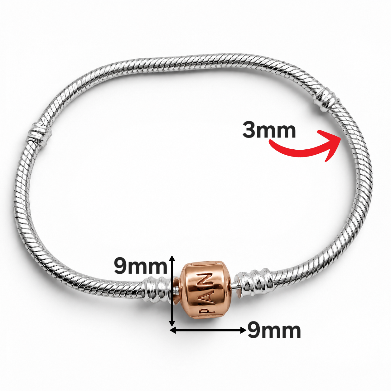 Pulsera Barril Rosa Pan 3mm Plata Ley 925