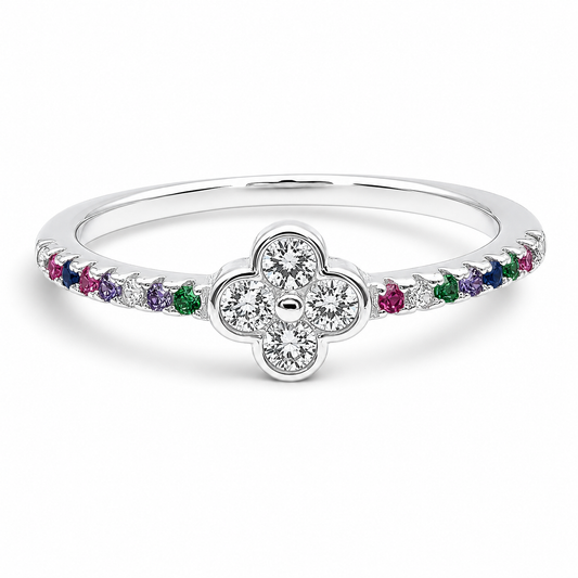 Anillo Flor Zirconia Multicolor Plata Ley 925