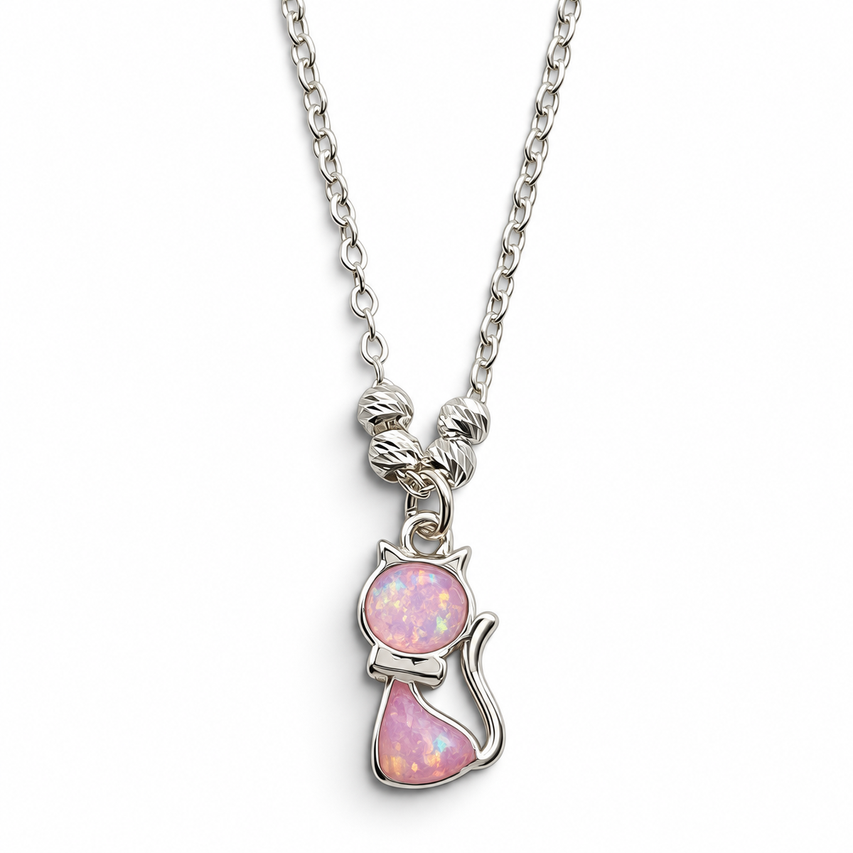Collar Gato Rosa Opalo Plata Ley 925