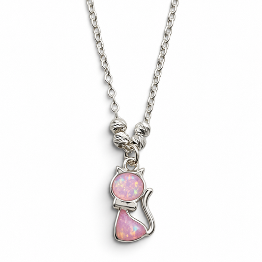 Collar Gato Rosa Opalo Plata Ley 925