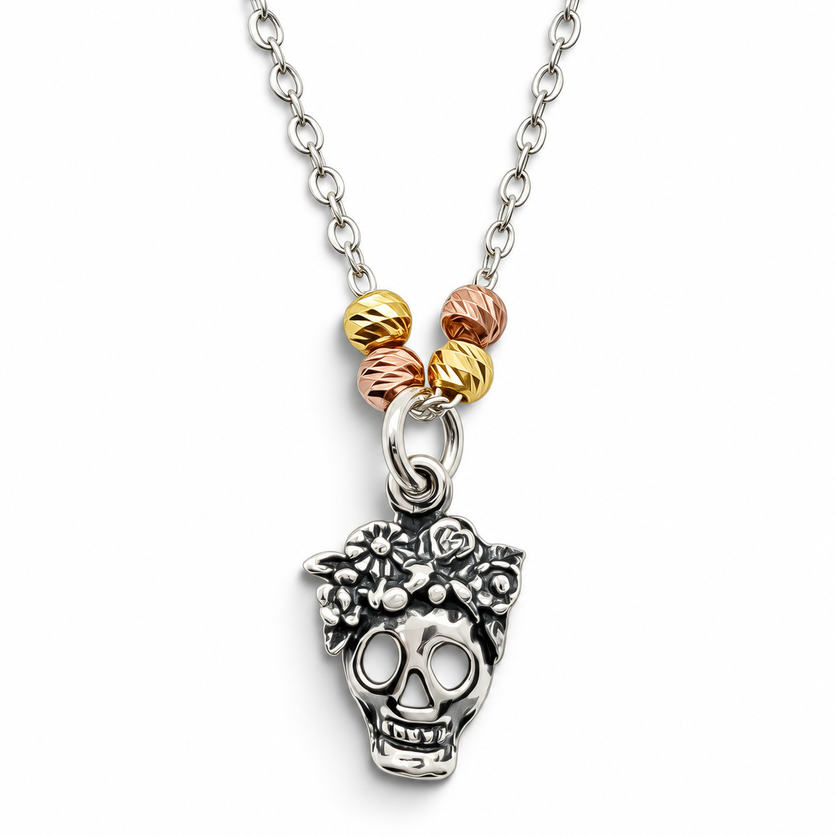 Collar Craneo Flores Plata Ley 925