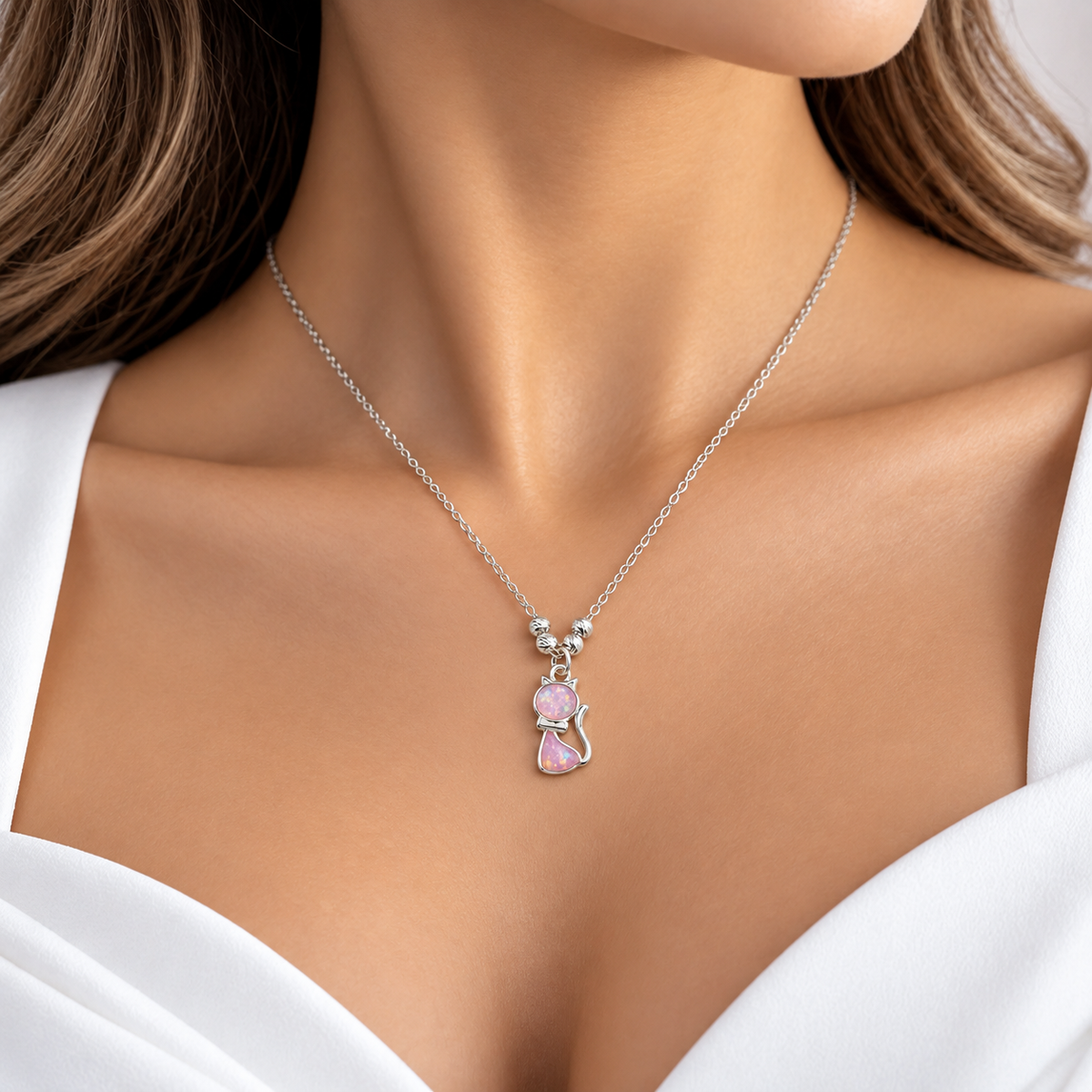 Collar Gato Rosa Opalo Plata Ley 925