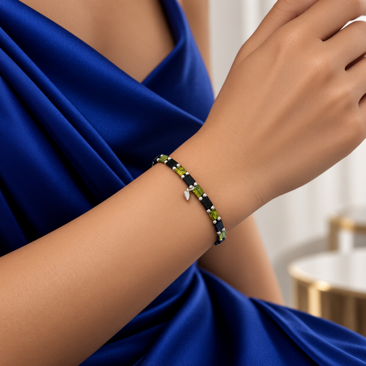 Pulsera Cuadro Negro/Verde Plata Ley 925