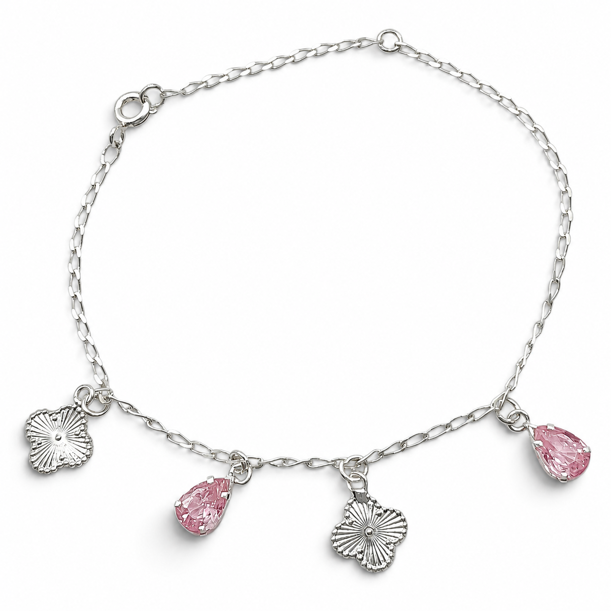 Pulsera 2 Treboles Gota Rosa Plata Ley 925