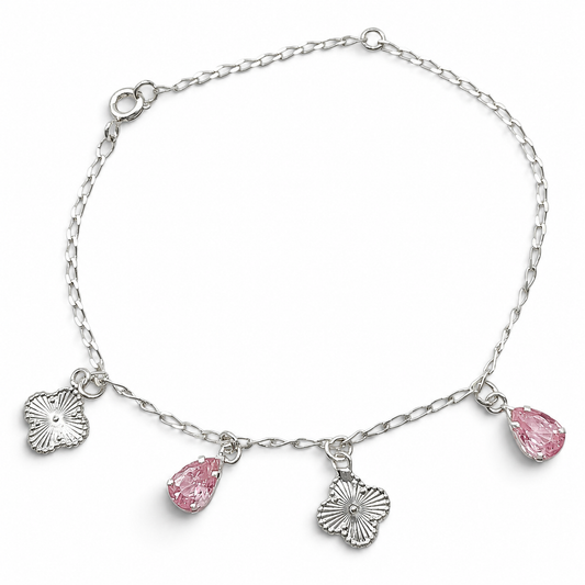 Pulsera 2 Treboles Gota Rosa Plata Ley 925