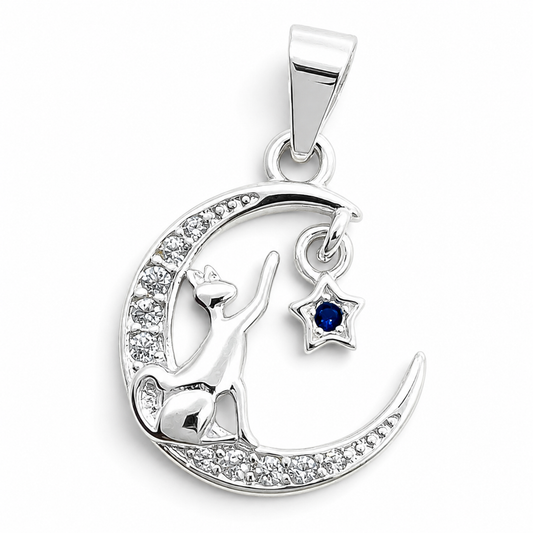 Dije Luna Gato Azul Plata Ley 925