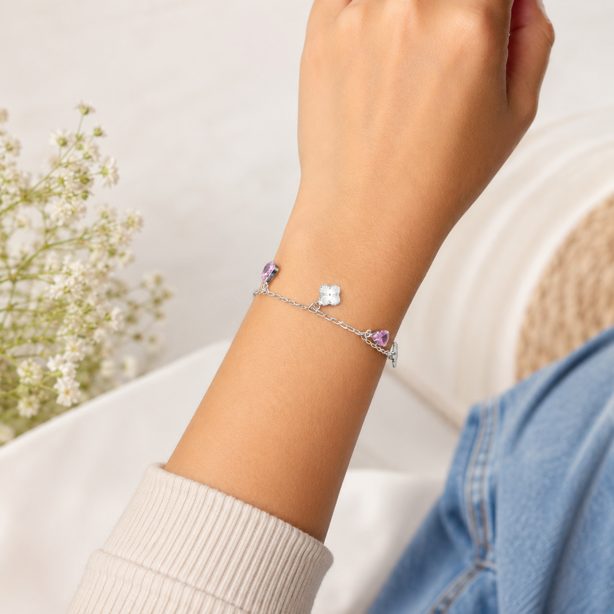 Pulsera 2 Treboles Gota Rosa Plata Ley 925