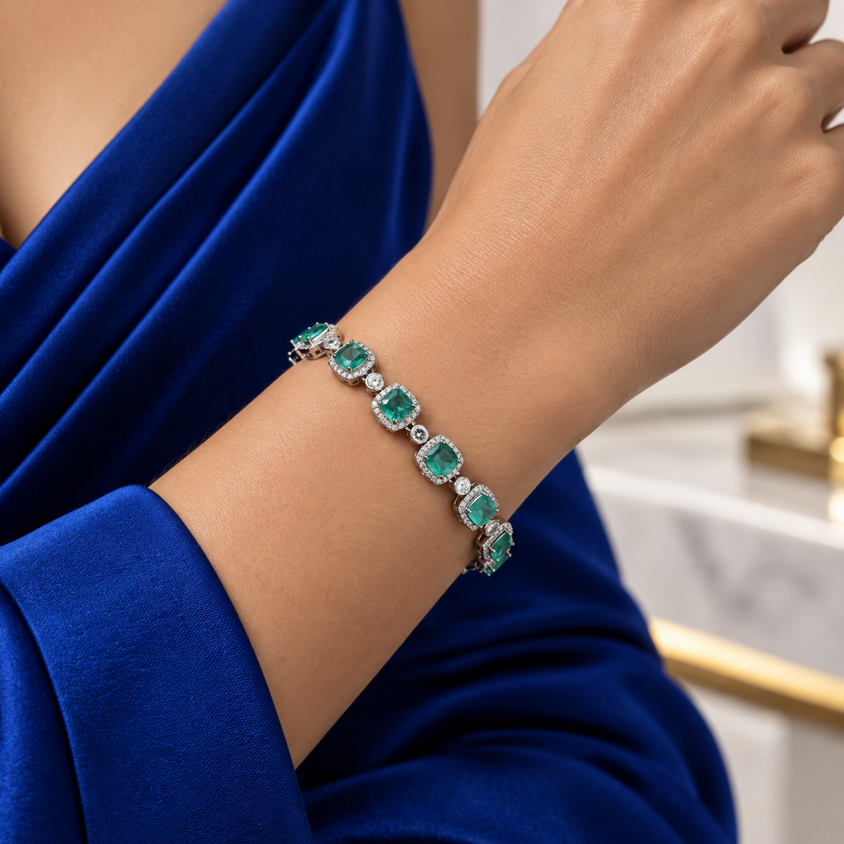 Pulsera Cuadro Verde Turmalina Zirconia Plata Ley 925