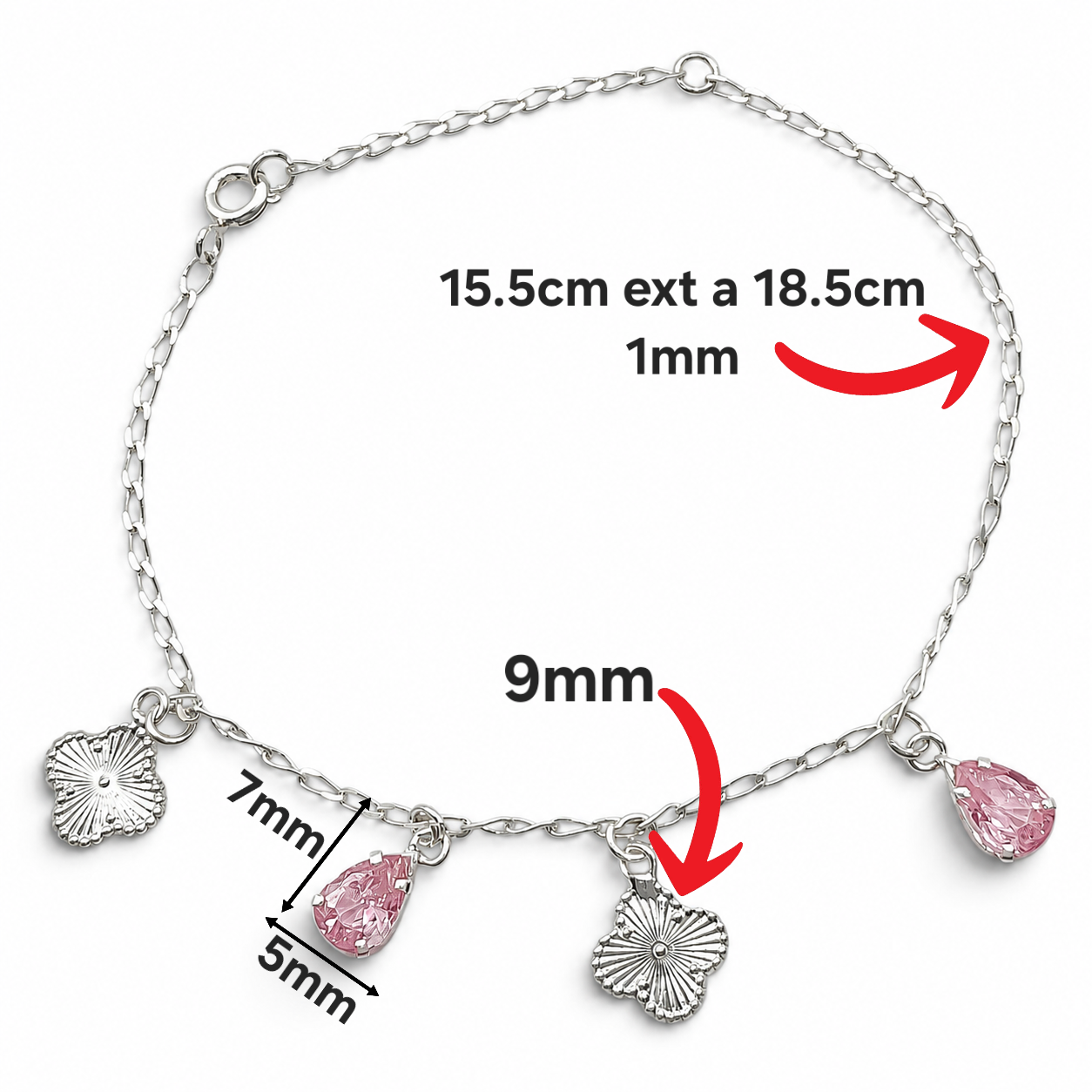 Pulsera 2 Treboles Gota Rosa Plata Ley 925