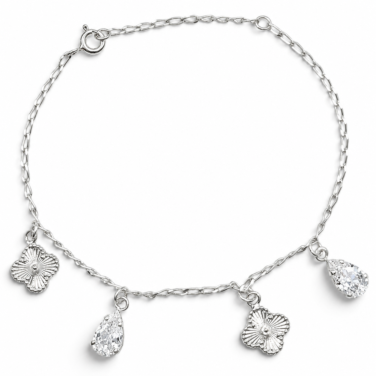 Pulsera Trebol Gota Blanca Plata Ley 925