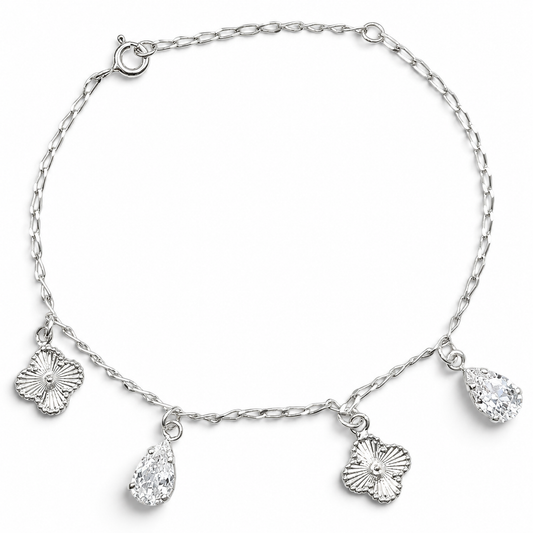 Pulsera Trebol Gota Blanca Plata Ley 925