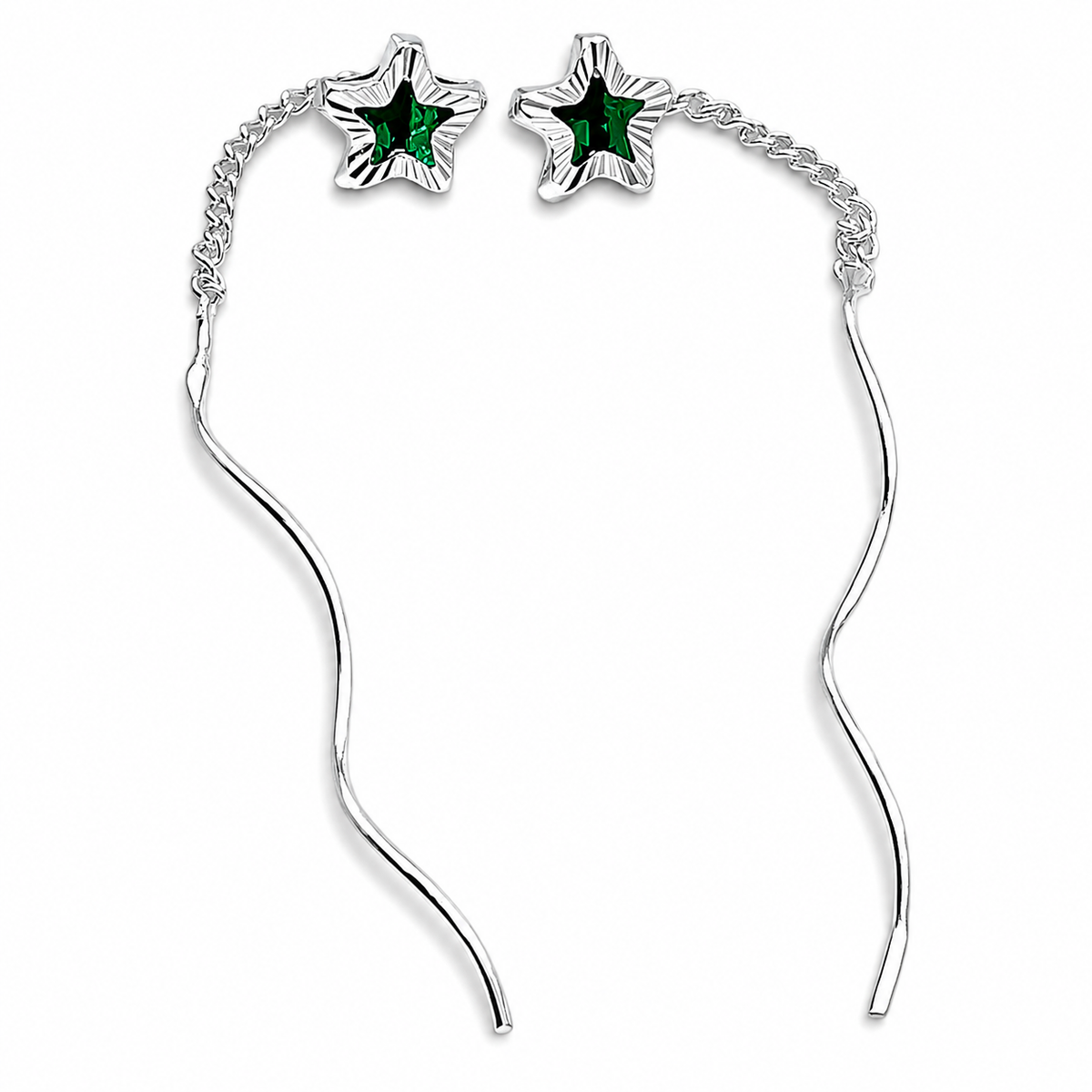 Arete Largo Estrella Verde Plata Ley 925