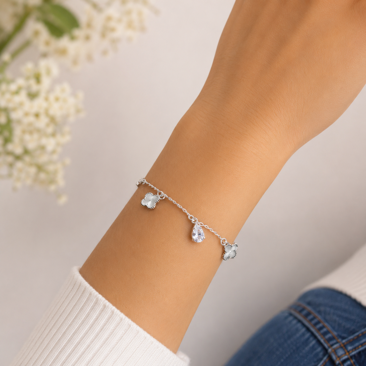 Pulsera Trebol Gota Blanca Plata Ley 925