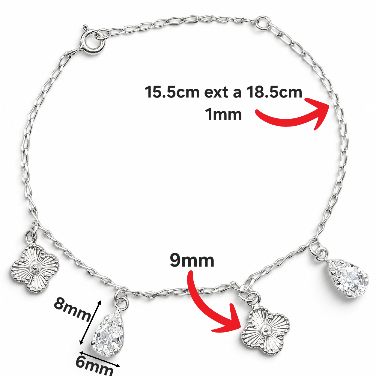Pulsera Trebol Gota Blanca Plata Ley 925