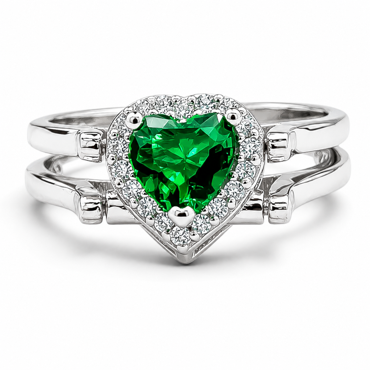 Anillo Doble Vista Corazon Verde Plata Ley 925