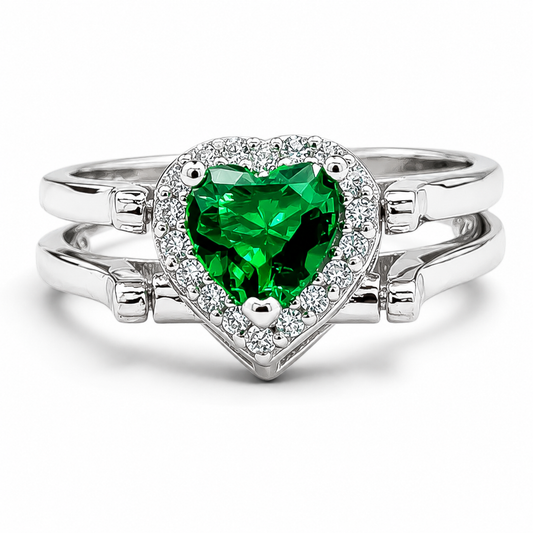Anillo Doble Vista Corazon Verde Plata Ley 925