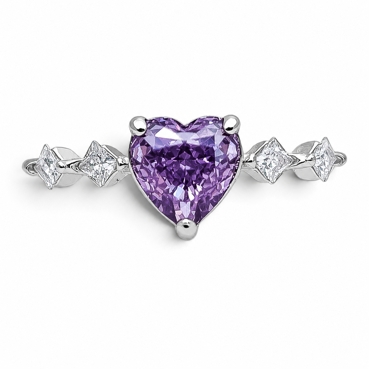 Anillo Corazon Zirconia Lila Plata Ley 925
