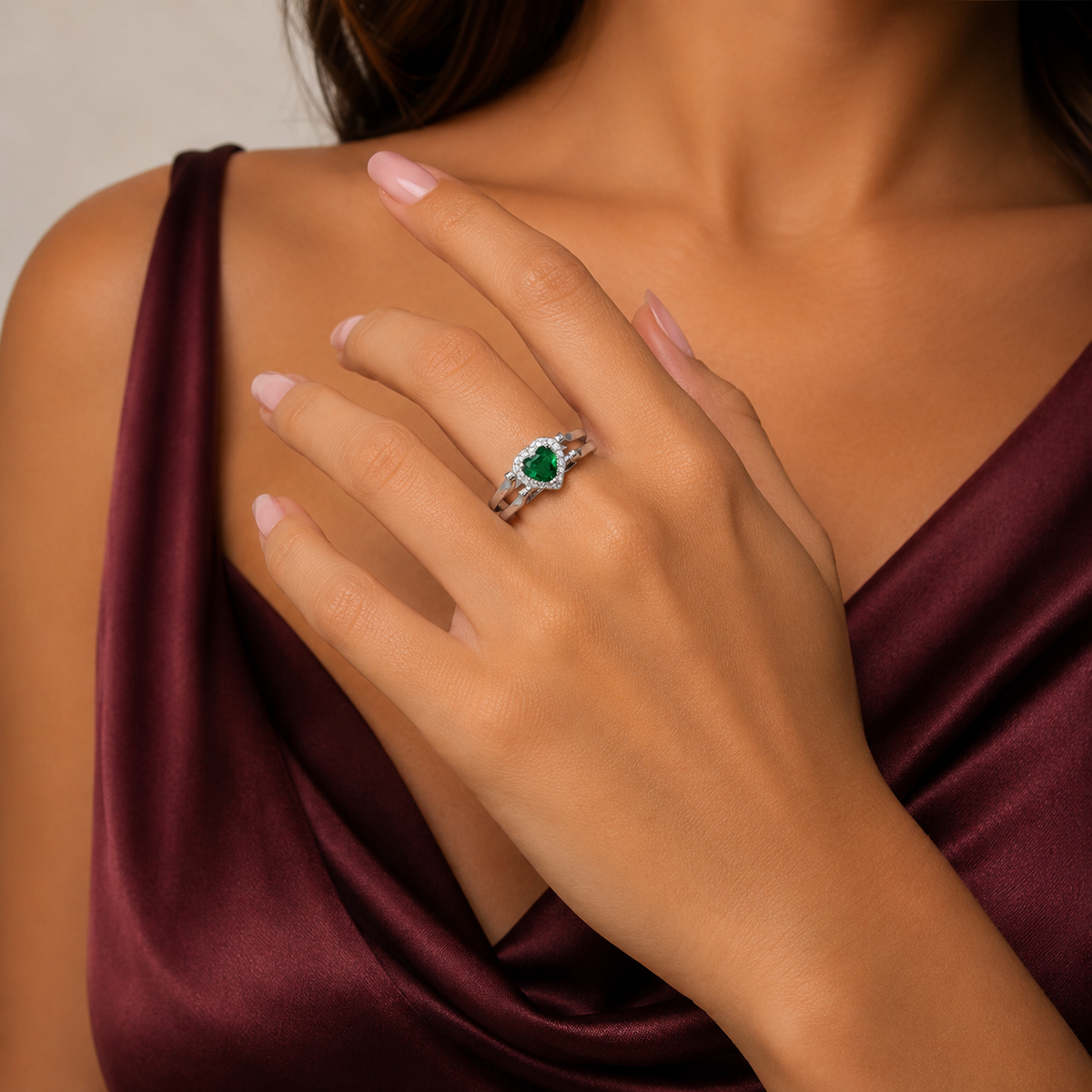 Anillo Doble Vista Corazon Verde Plata Ley 925
