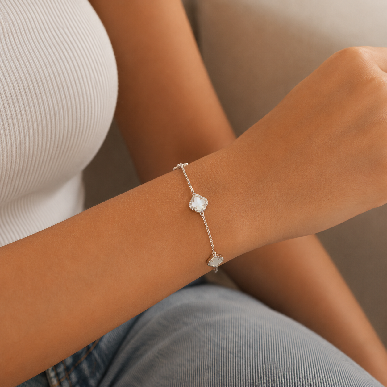 Pulsera Van Blanca 3 Treboles Plata Ley 925