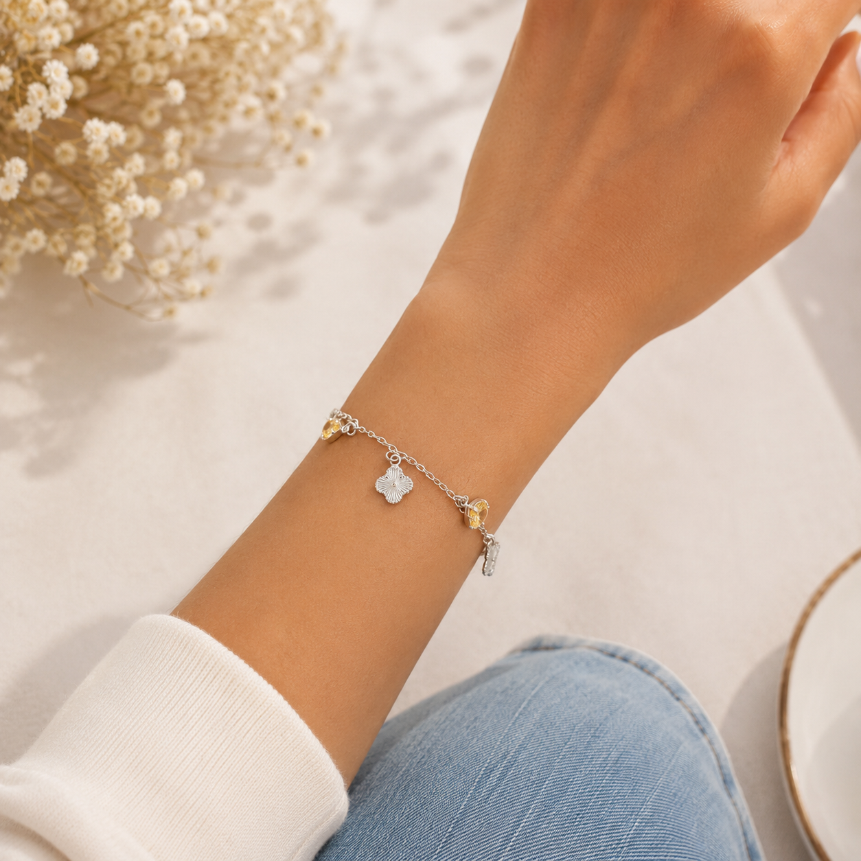 Pulsera Trebol Gota Plata Ley 925