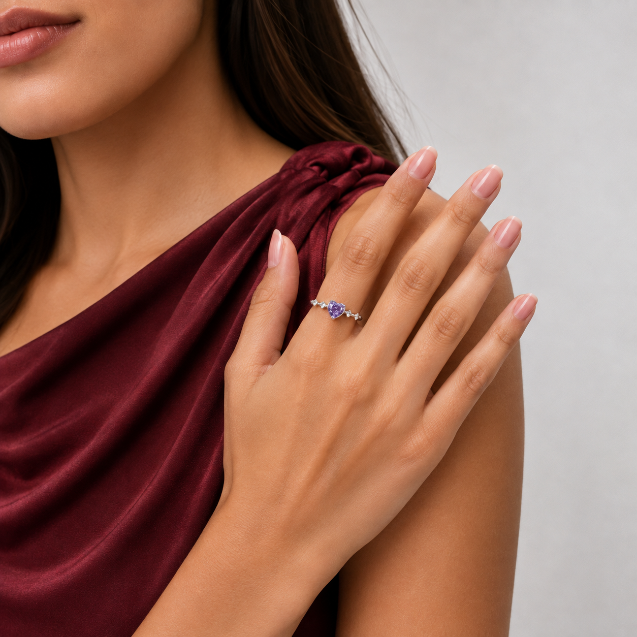Anillo Corazon Zirconia Lila Plata Ley 925