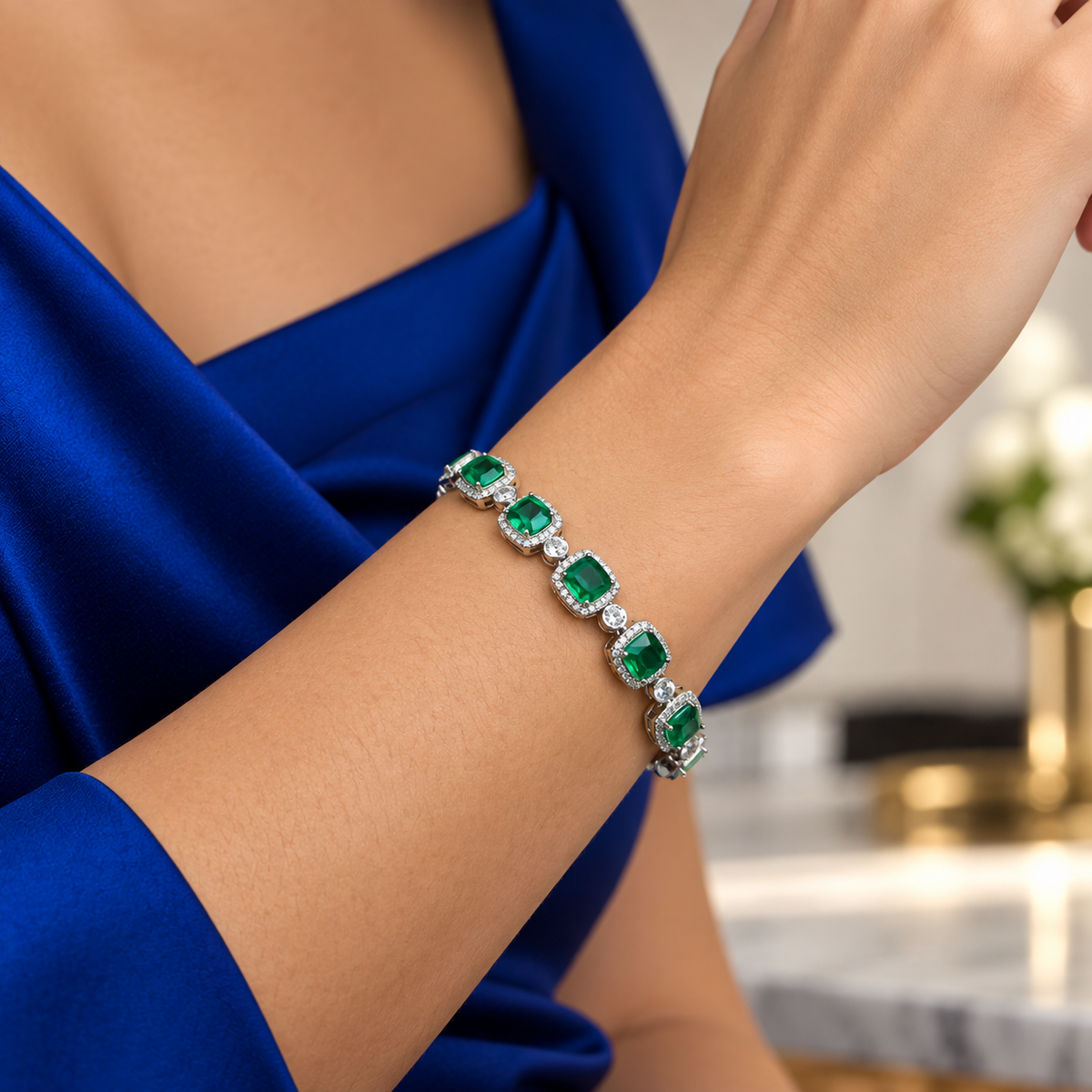 Pulsera Cuadro Verde Turmalina Zirconia Plata Ley 925