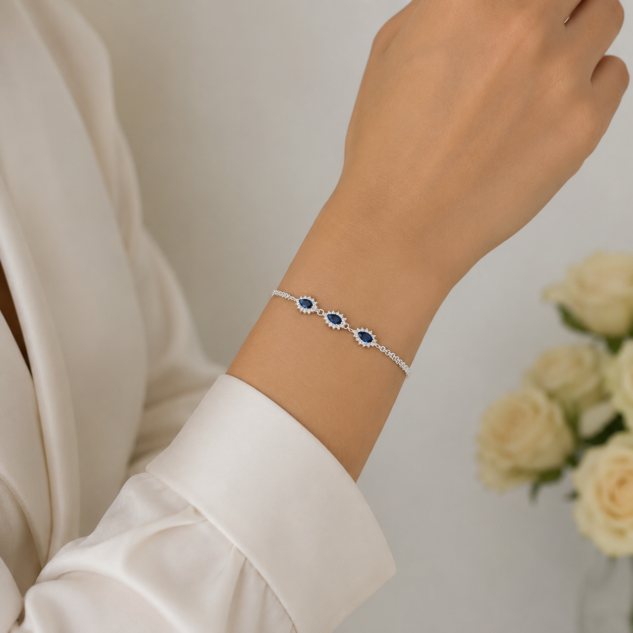 Pulsera Zirconia Azul Plata Ley 925