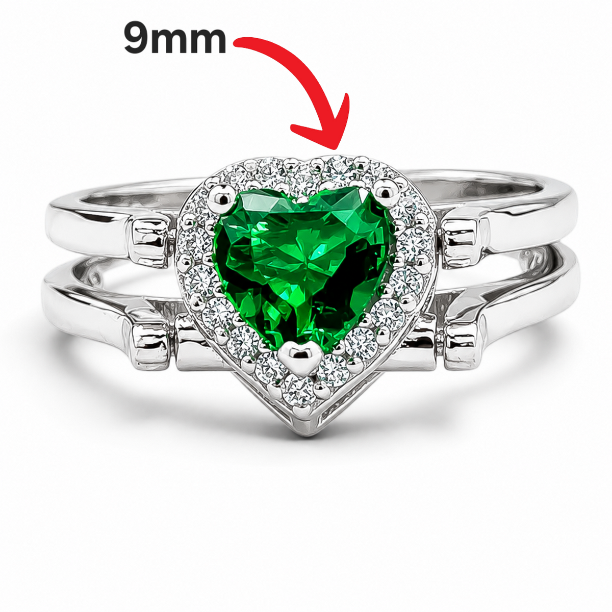 Anillo Doble Vista Corazon Verde Plata Ley 925