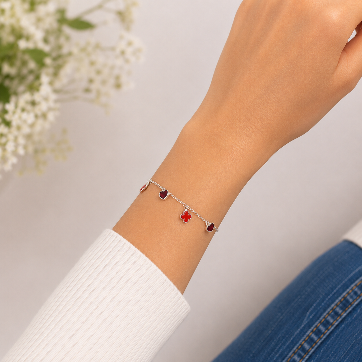 Pulsera Trebol Corazon Plata Ley 925