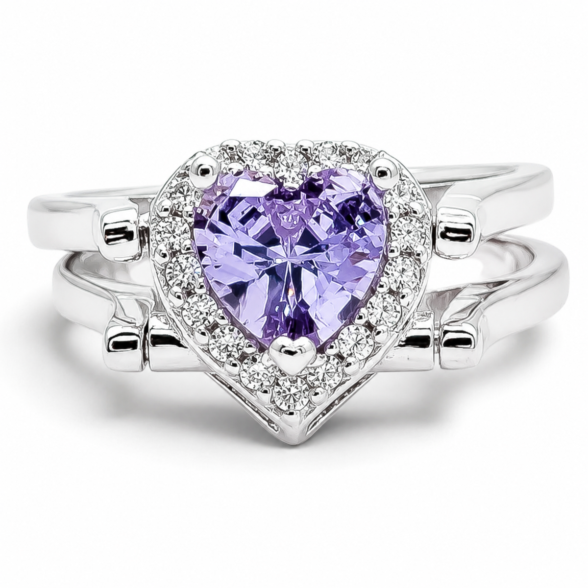 Anillo Doble Vista Corazon Lila Plata Ley 925