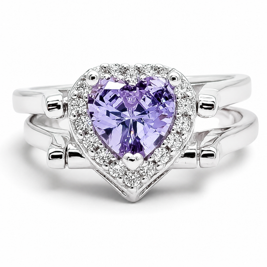 Anillo Doble Vista Corazon Lila Plata Ley 925