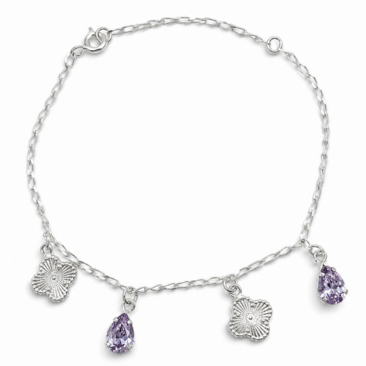 Pulsera Trebol Gota Lila Plata Ley 925