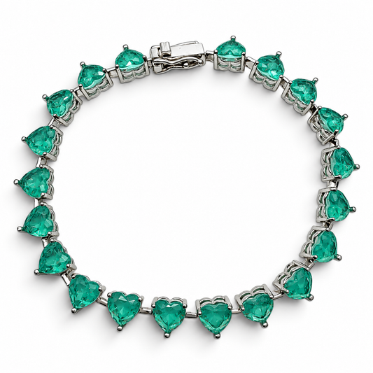 Pulsera Corazones Verde Turmalina Aqua Plata Ley 925