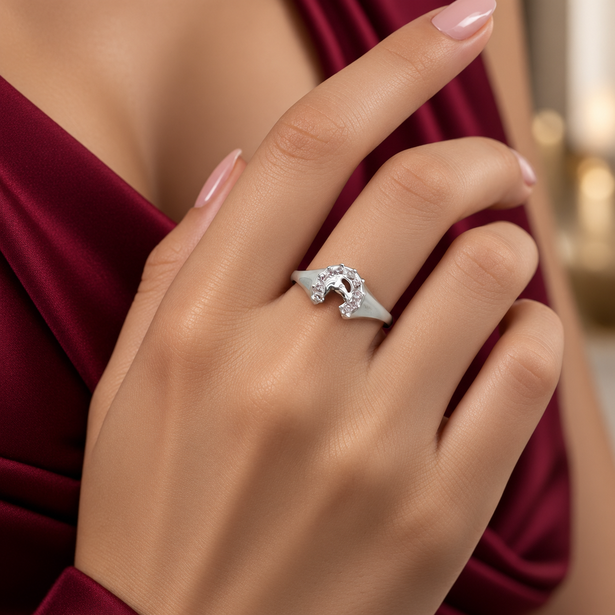 Anillo Herradura Rosa Plata Ley 925