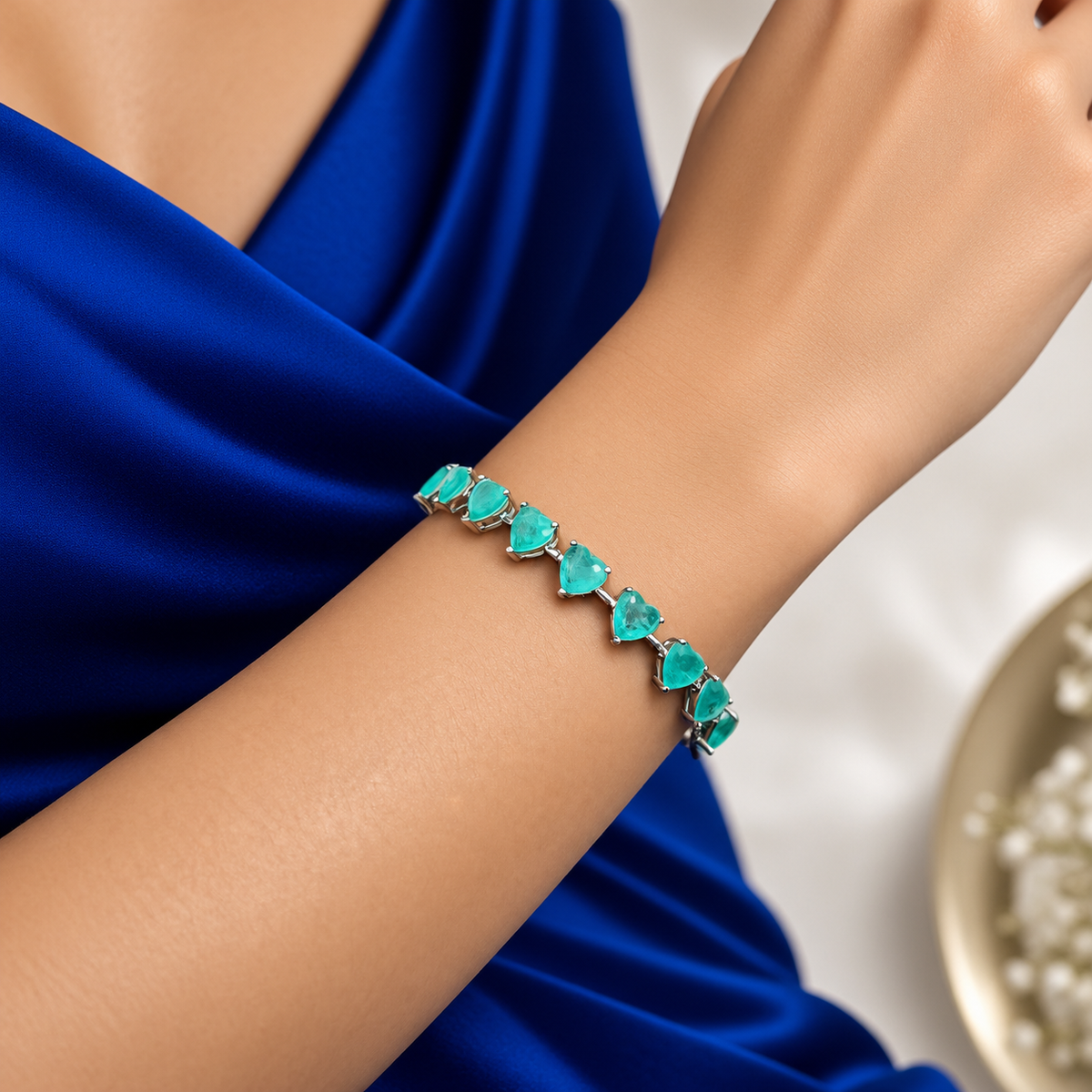 Pulsera Corazones Verde Turmalina Aqua Plata Ley 925