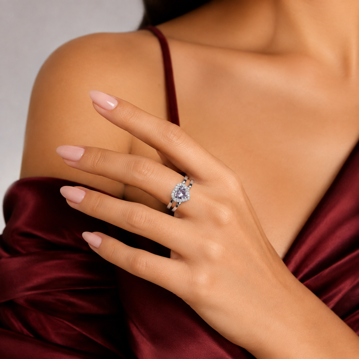 Anillo Doble Vista Corazon Lila Plata Ley 925